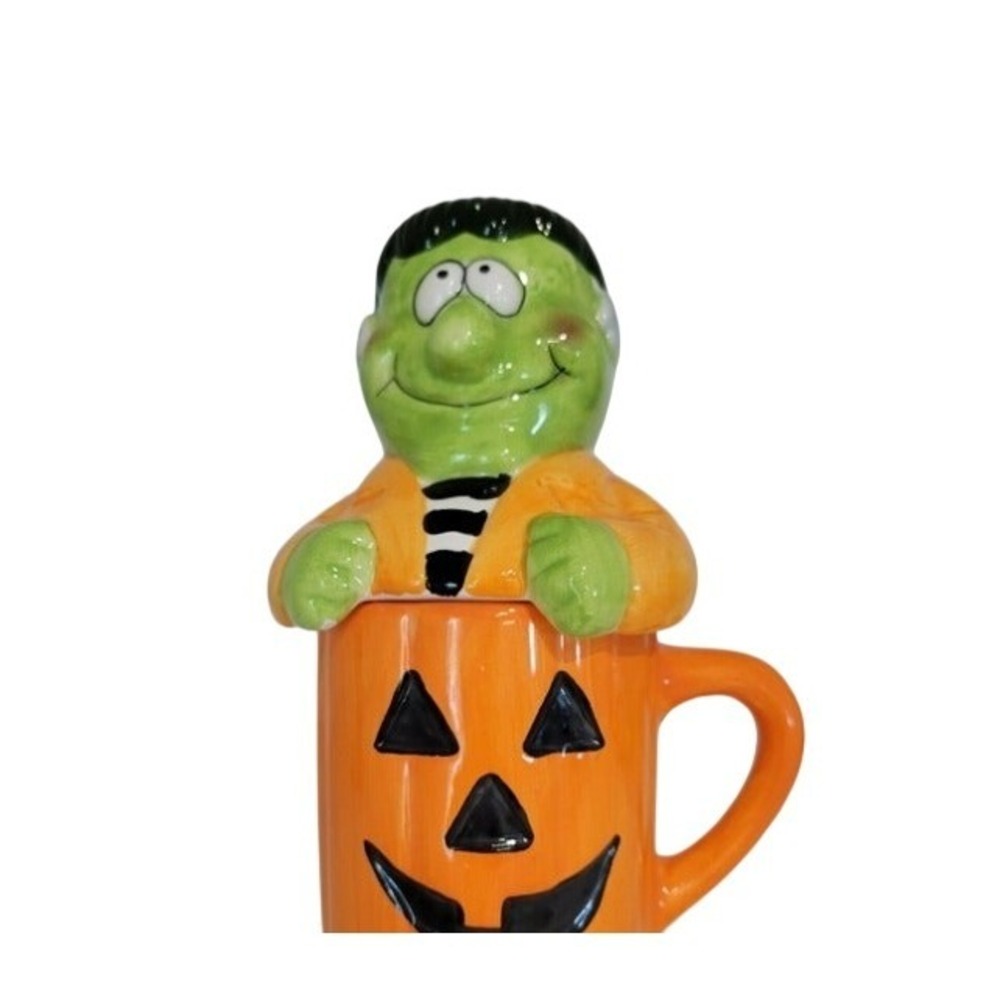 Halloween Monster Pumpkin Mug with Lid Ceramic Jack-O-Lantern Coffee Cup Orange
